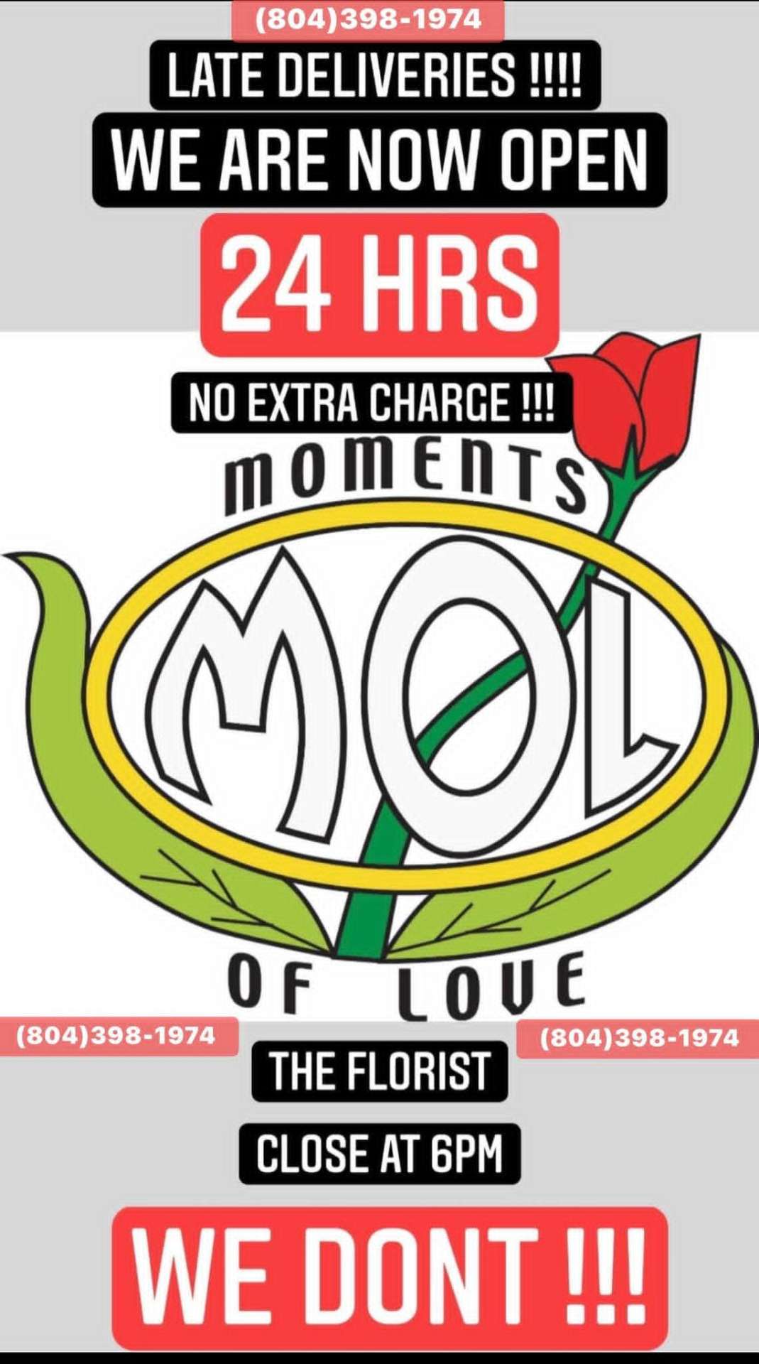 Moments of Love — open 24 hours, no extra charge for late deliveries