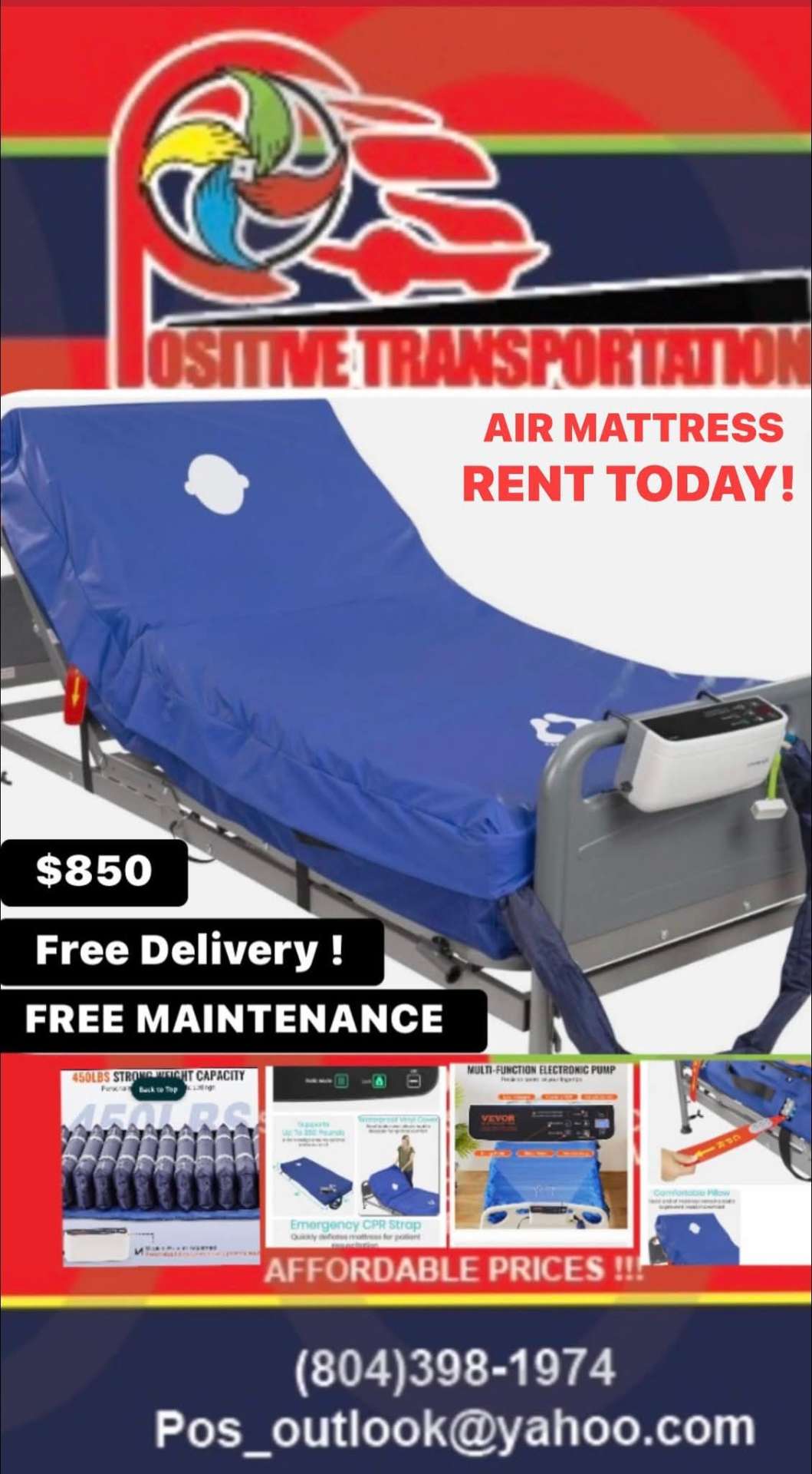 Positive Transportation medical air mattress rental — $850 with free delivery and maintenance